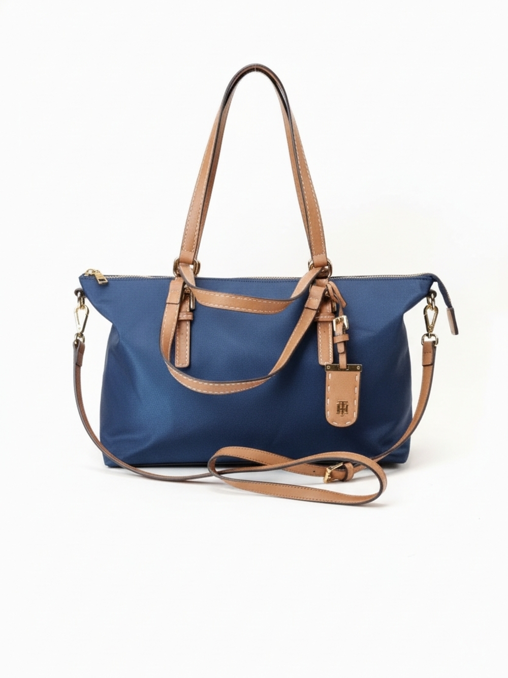 Tommy Hilfiger Navy Nylon Satchel with Tan Trim Crossbody Strap New Without Tags